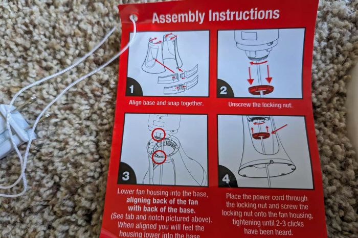 The assembly guide included with the Honeywell QuietSet Whole Room Tower Fan