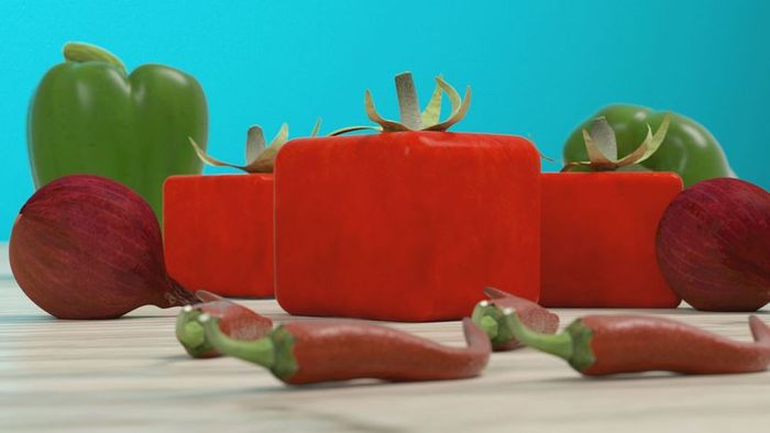 depiction of a square-shaped tomato, along with other vegetables
