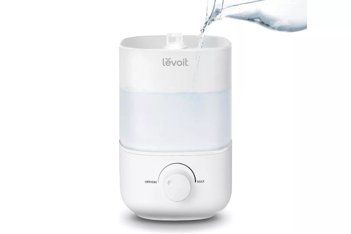 Amazon LEVOIT Top Fill Humidifiers for Bedroom, featuring a 2.5L large tank, designed for easy filling and cleaning. It operates quietly at 26dB, dispersing cool mist for home, baby nurseries, and plants. With an auto shut-off and BPA-free materials for safety, it runs for up to 25 hours.