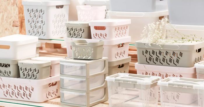 Various neutral-colored plastic organizational bins.