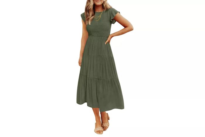 Amazon ZESICA Women's 2024 Summer Casual Flutter Short Sleeve Crew Neck Smocked Elastic Waist Tiered Midi Dress