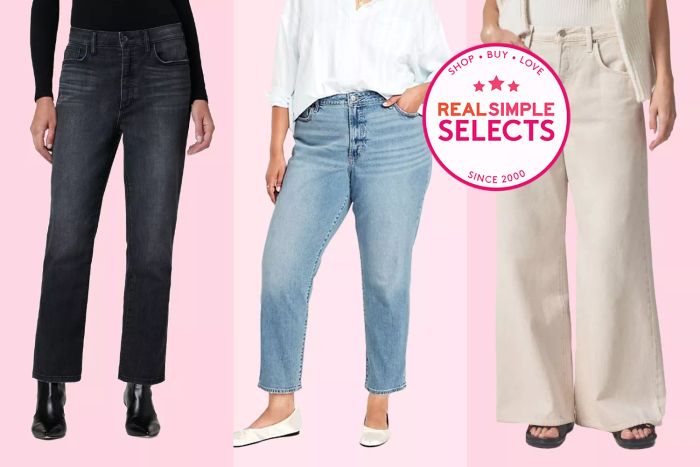A collage featuring three individuals wearing jeans against a pink backdrop.