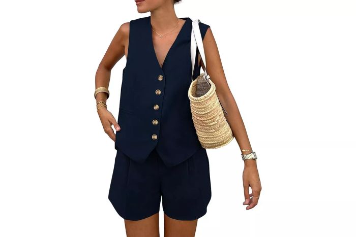 PRETTYGARDEN Women's Summer 2 Piece Outfits Sleeveless Matching Sets Button Down V Neck Vest Waistcoat and Pockets Shorts