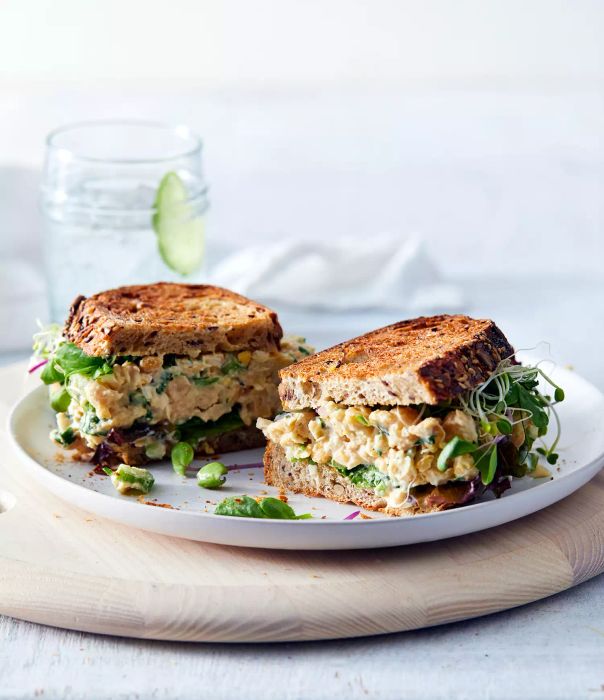 Chickpea salad sandwich served on a plate