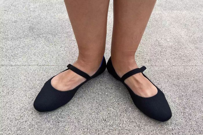 A model showcasing Rothy's The Square Mary Janes
