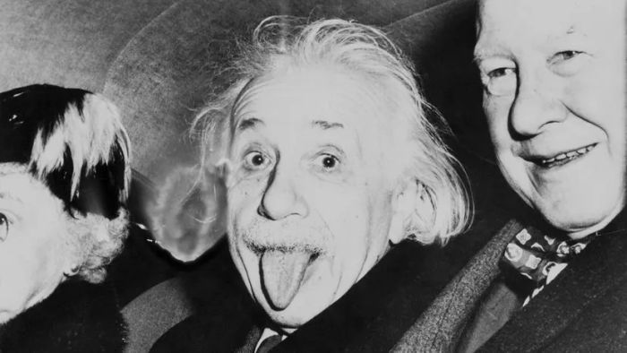 A close-up shot of Einstein playfully sticking out his tongue at the camera.