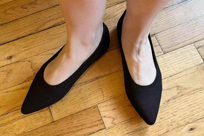 A model showcases the VIVAIA Pointed-Toe Water Repellent Ballet Flats (Aria 5°)