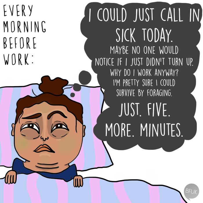 A cartoon showing the typical morning routine of someone before heading off to work