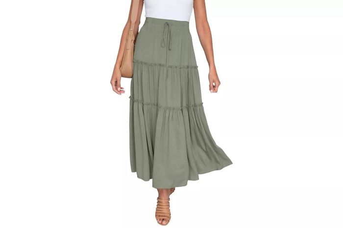 HAEOF Women's Boho High-Waisted Elastic A-Line Ruffle Swing Maxi Skirt with Pockets