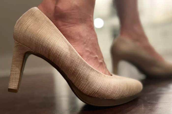 A close-up view of the Clarks Ambyr Joy Pump on someone’s feet