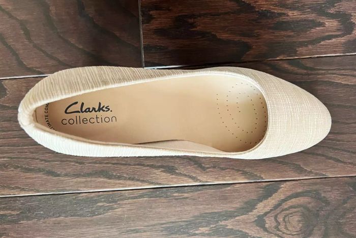 The Clarks Ambyr Joy Pump displayed on a wooden floor