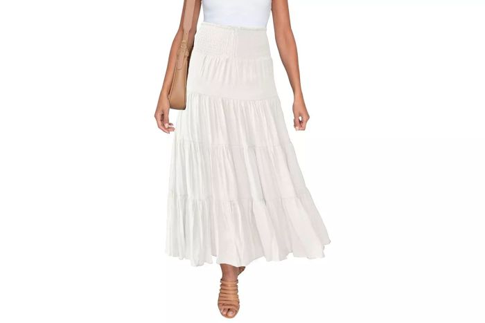 HAEOF Women's 2024 Summer Elastic High-Waist Boho Maxi Skirt Casual Drawstring A-Line Flowy Long Skirt