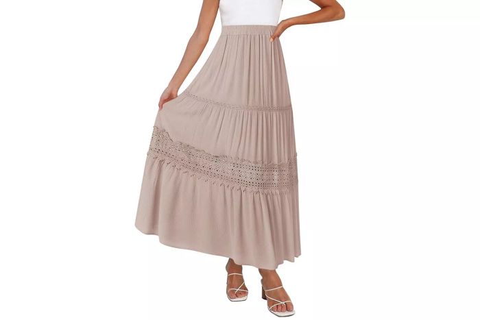 MEROKEETY Women's Boho High-Waist Elastic Pleated A-Line Ruffle Lace Trim Tiered Midi Maxi Skirt with Pockets