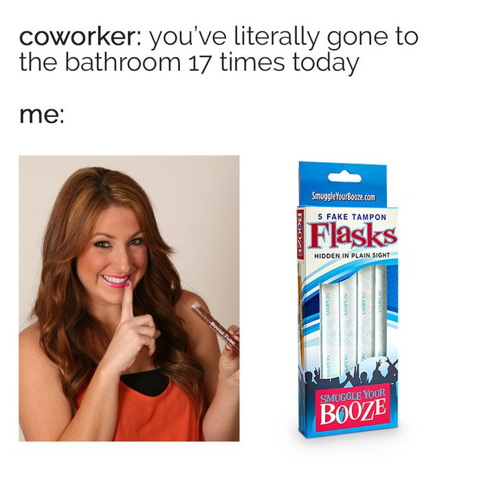 A split image showing a woman giving a shushing gesture and tampon flasks.