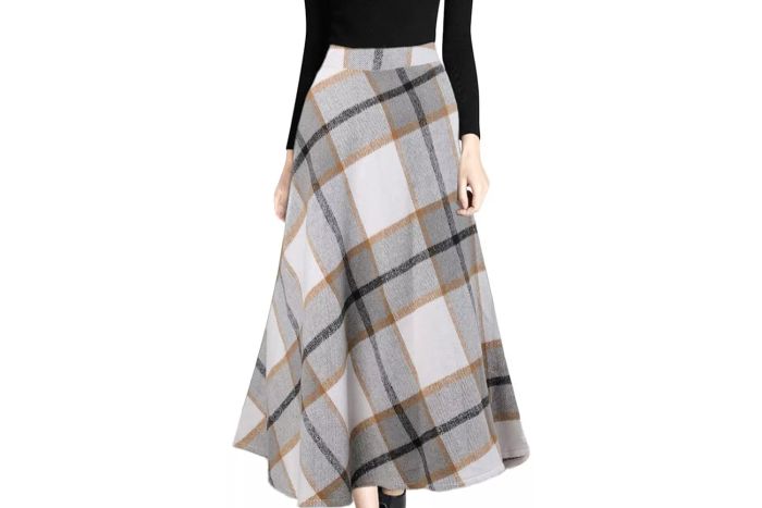 Tanming Women's Winter Warm Elastic Waist Wool Plaid A-Line Pleated Long Skirt
