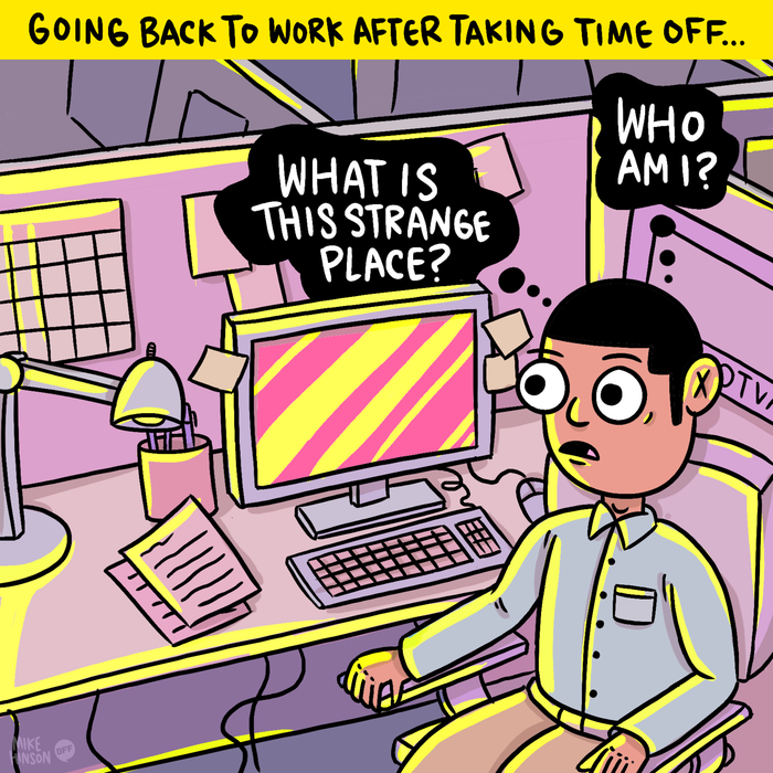 A cartoon depicting someone who forgot about their work while enjoying their vacation
