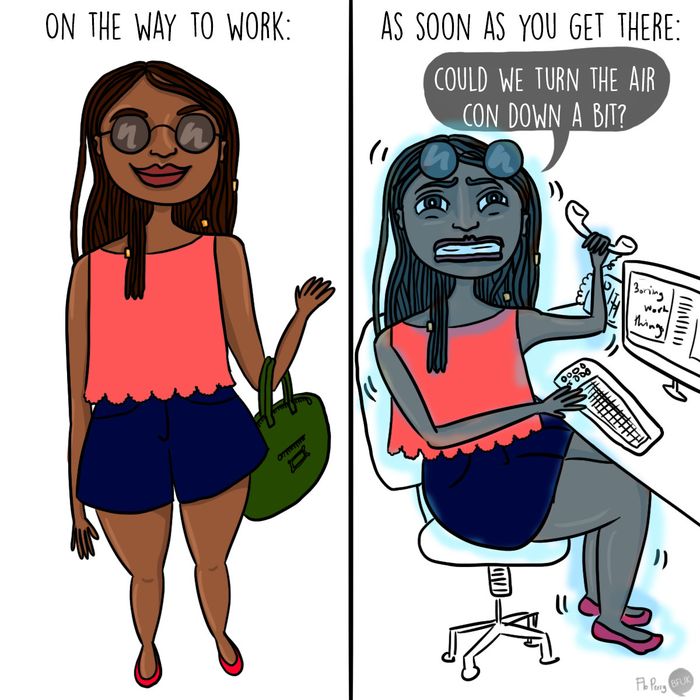 A gif showing a woman feeling cold while at work.