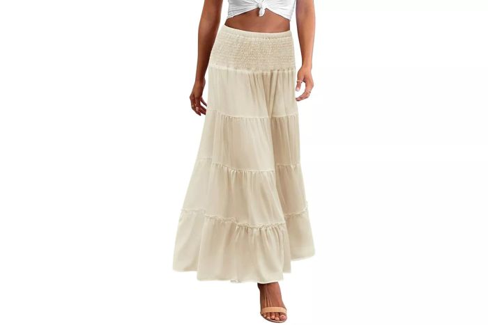 Zeagoo Women's Long Maxi Skirts, featuring a tiered design with an elastic high waist. The boho-inspired, double-layered print offers a comfortable, casual A-line fit. Also suitable as a midi dress.