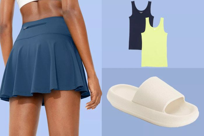 SANTINY Pleated Tennis Skirt, Joomra Pillow Slippers, Amazon Essentials Women's Slim-Fit Tank, Set of 2
