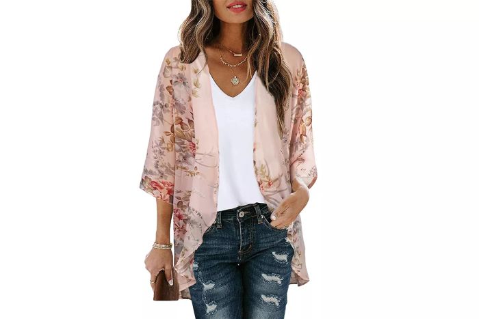 Women's Floral Print Puff Sleeve Kimono Cardigan Loose