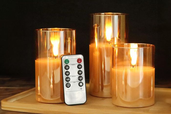 GenSwin Flameless Led Candles Flickering Battery Operated with Remote, Real Wax 3D Wick Moving Pillar Candles with Timer Remote Glass Effect for Festival Wedding Christmas Home Decor(Gold)