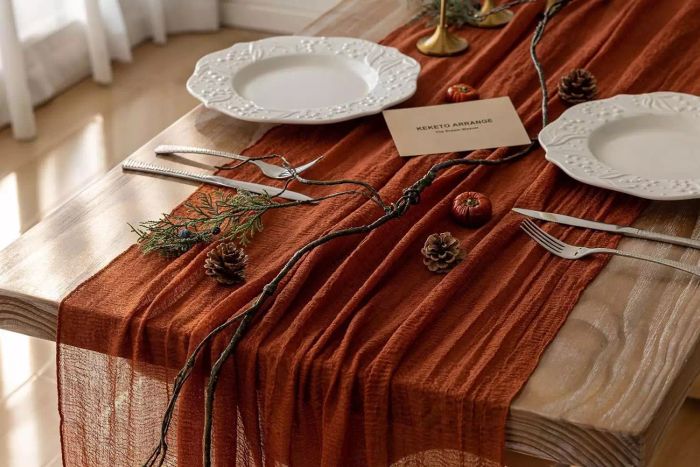 Keketo Fall Table Runner Thanksgiving Cheesecloth Runner Terracotta Gauze 120 Inch 10 FT Rustic Burnt Orange Cheese Cloth for Wedding Baby Bridal Shower Friendsgiving Party Sheer Home Decorations