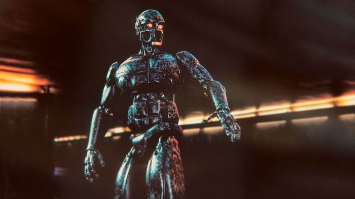 Advanced military cyborg surveillance patrolling the streets of the future.