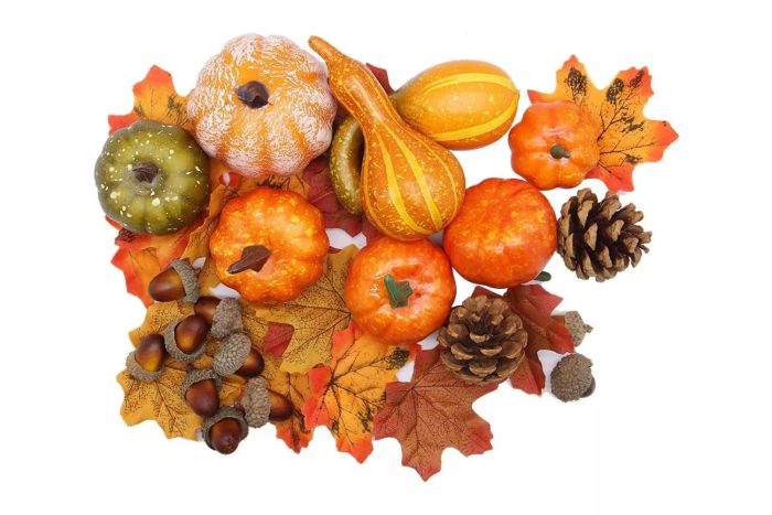 Winemana 50pcs Fall Pumpkins Decor Set, Mini Artificial Gourd Fall Leaves Acorns Decorations for Home, Fall Centerpieces for Tables, Thanksgiving Vase Filler, Harvest Farmhouse Table Tiered Tray Set