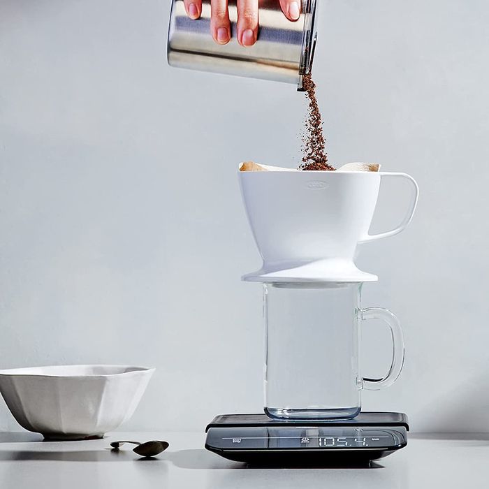 OXO BREW 6 Lb. Precision Coffee Scale with Timer featuring a glass top.