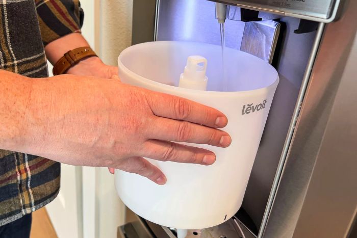A person is filling the Levoit 0.8 Gallon Top-Filled Ultrasonic Cool Mist Humidifier with water
