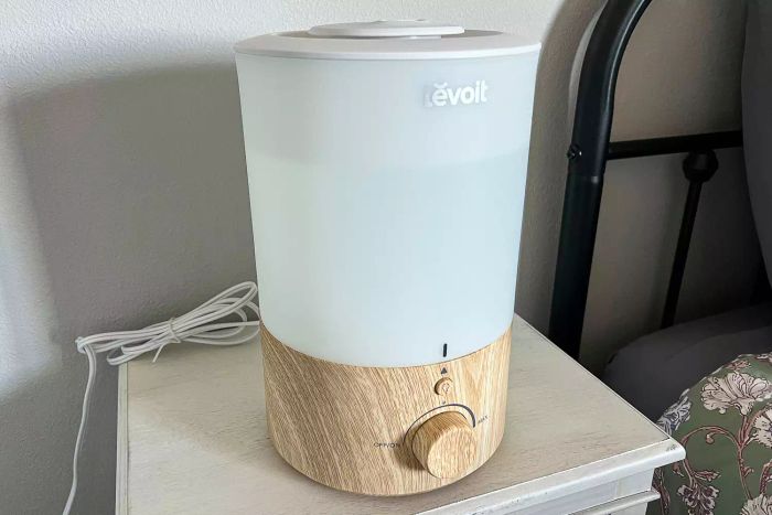 The Levoit .8 Gallon Top-Filled Ultrasonic Cool Mist Humidifier placed on a small table