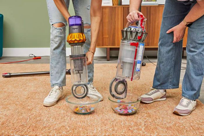 A person emptying glitter from the Dyson Ball Animal 3 Extra while another person empties a different Dyson model.