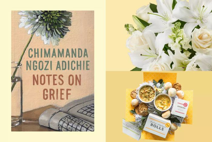 A curated collection of recommended sympathy gifts displayed on a vibrant yellow background