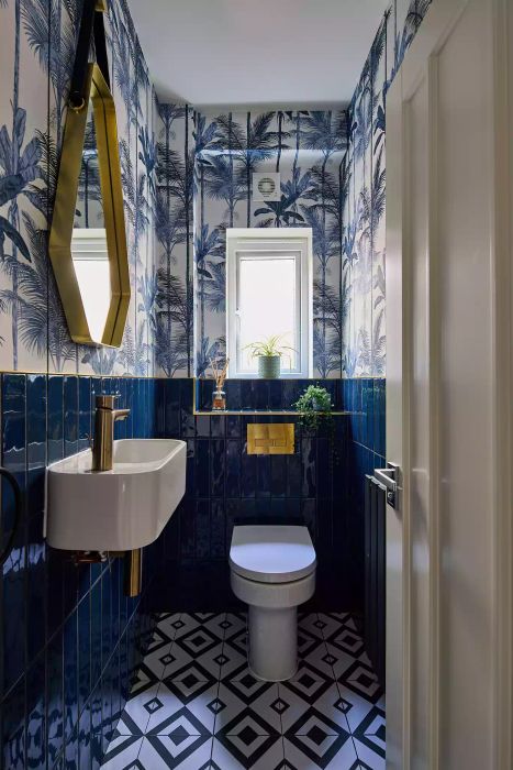 Narrow blue bathroom