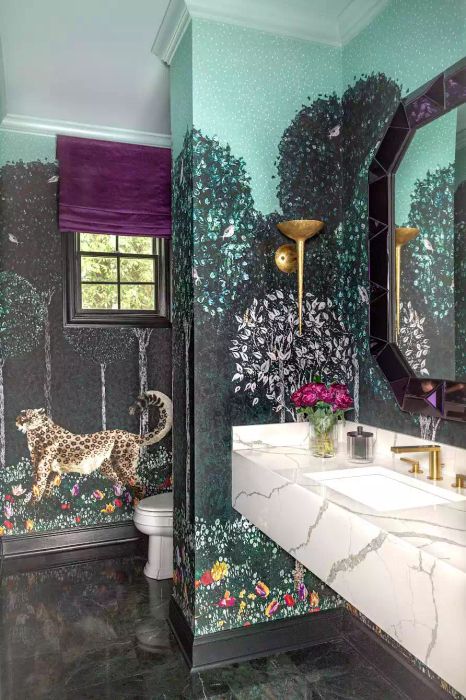 bathroom with mural wallpaper