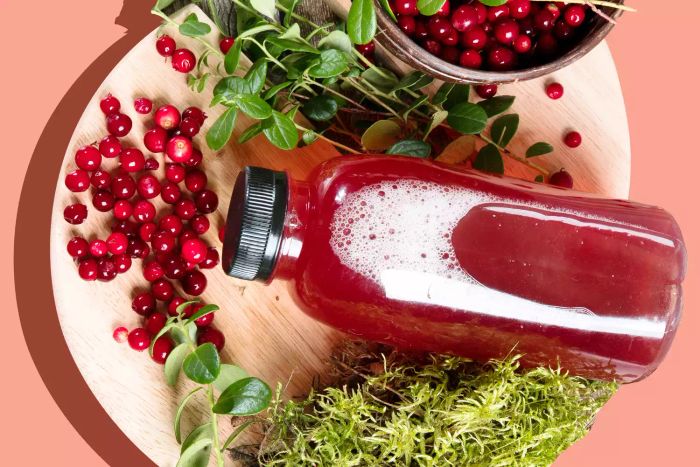 A bottle of cranberry juice placed on a plate, accompanied by fresh cranberries.