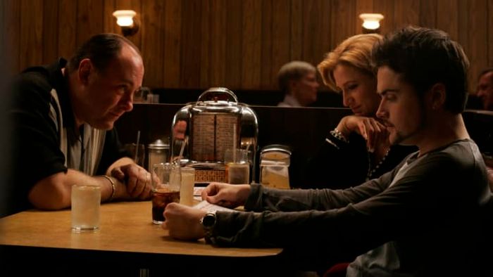 James Gandolfini, Edie Falco, and Robert Iler in the controversial final scene of The Sopranos.