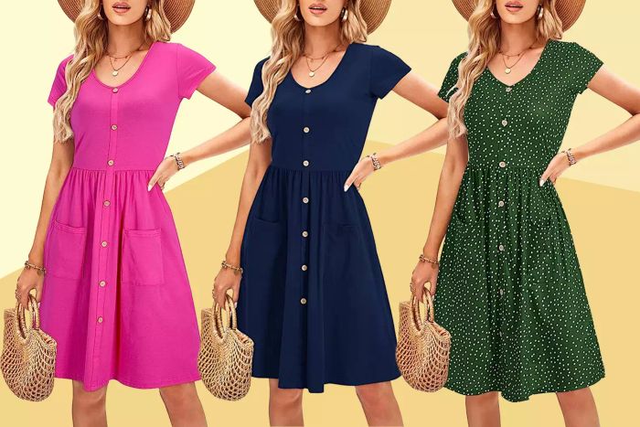 The OUGES Women's V Neck Button Down Skater Dress with convenient pockets, available on Amazon.