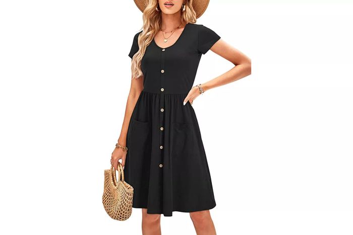 The Amazon OUGES Women's V Neck Button Down Skater Dress with Pockets is a stylish and practical choice for everyday wear, featuring a V-neckline, button-down details, and handy pockets.