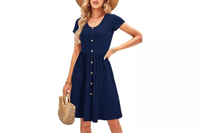 The Amazon OUGES Women's V Neck Button Down Skater Dress with Pockets offers a stylish, comfortable design that includes two functional pockets, a V-neckline, and a flattering skater style. Perfect for various occasions, this dress is both fashionable and practical.