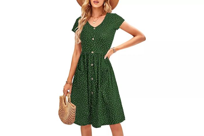 The Amazon OUGES Women's V Neck Button Down Skater Dress with Pockets stands out as a versatile dress that pairs comfort with style, perfect for a variety of occasions.