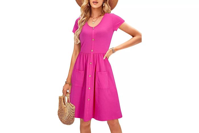 The Amazon OUGES Women's V Neck Button Down Skater Dress with Pockets is a versatile piece that combines style and comfort, making it ideal for a range of activities and seasons.