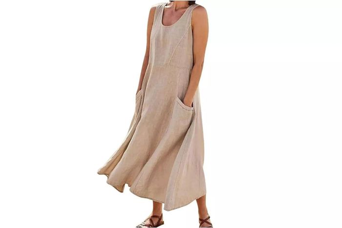 Linen Dress for Women: Sleeveless Solid Casual Flowy Maxi Dresses with Pockets