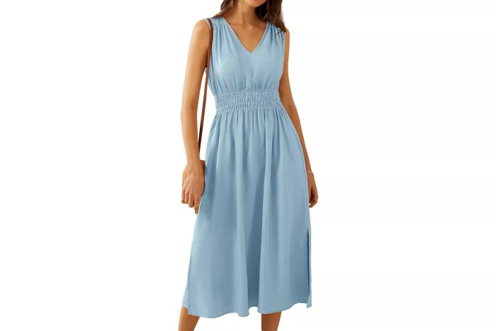 GRACE KARIN Women's Summer Sleeveless V-Neck Dress 2024: Cotton Linen Smocked Casual Loose Midi Dress with Pockets
