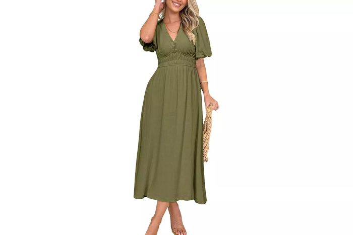 Simplee Women's Summer Boho Maxi Dress with V-Neck and Puff Sleeves