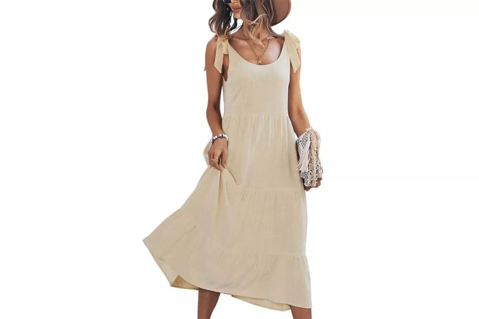 chouyatou Women's Summer Adjustable Spaghetti Strap Solid Ruffle Swing Midi Dress on Amazon