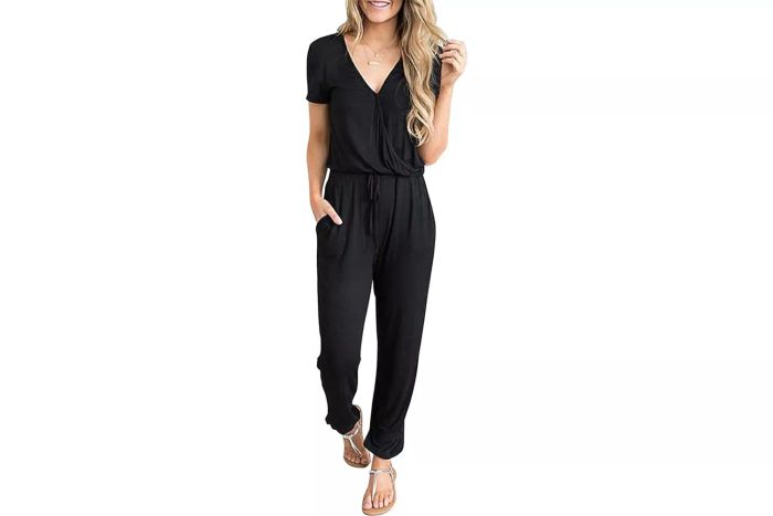 PRETTYGARDEN Women's Summer Casual Deep V-Neck Short-Sleeve Jumpsuit