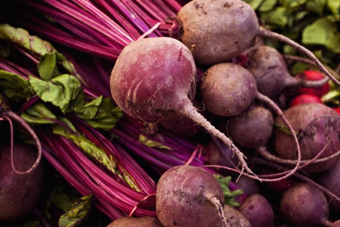 Fresh beets displayed at a farmers market