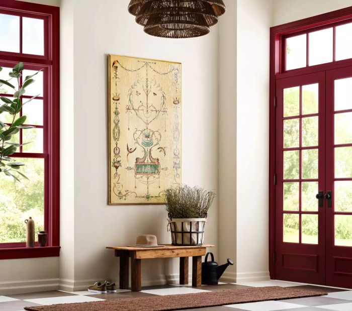 A home entryway with red-painted door and window trims