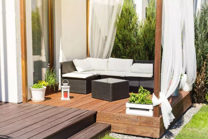 A relaxing lounge area on a wooden terrace